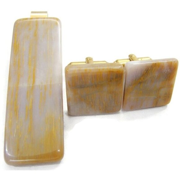 Brown Marble Cufflink & Neck Tie Clip Set Gold Tone Shirt Wedding Tux Vtg - Picture 8 of 8